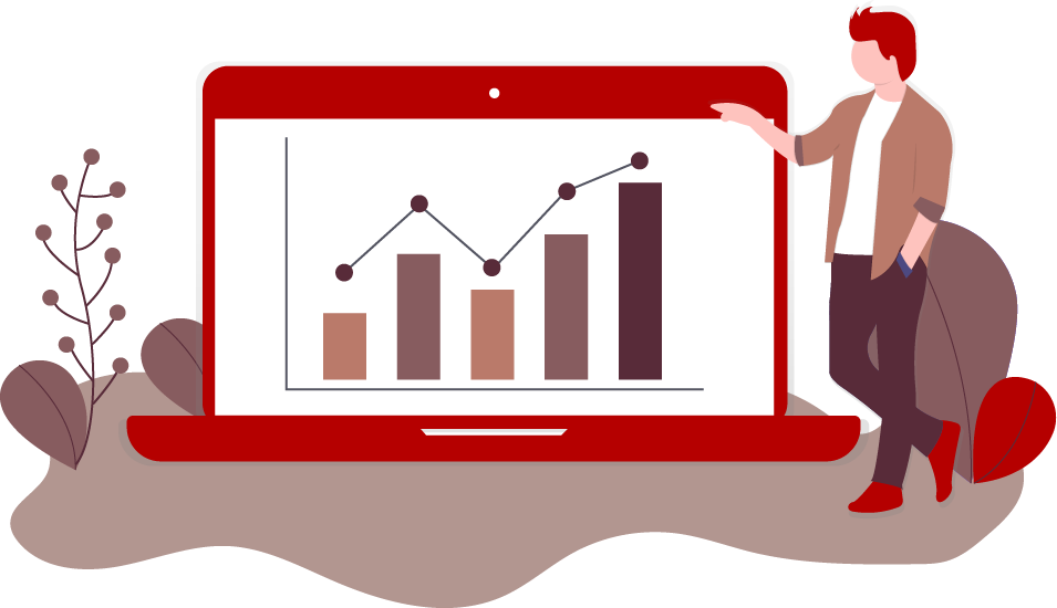 Illustrajon, mann ved laptop med grafer